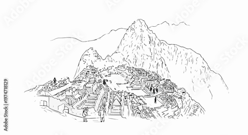 Ancient stone city nestled in dramatic mountain peaks under a vast sky