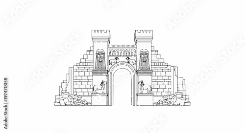 Ancient stone gate with carved faces and animal figures, architectural drawing