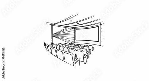 An empty cinema hall with rows of seats facing a blank screen