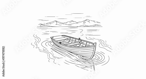 An empty rowboat floats on tranquil water with distant mountains