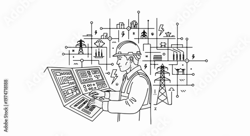 An engineer in a hard hat operates a control panel surrounded by electrical infrastructure