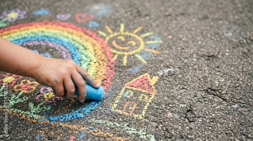 Child coloring rainbow and house with chalk on pavement for International Children's Day  