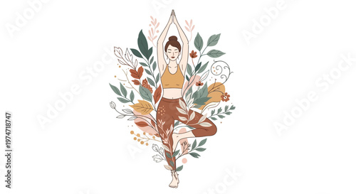 Minimal yoga pose illustration combined with floral elements. Calm and aesthetic design for wellness and lifestyle themes