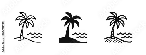 Palm Tree on Beach Icons - Outline, Silhouette, and Hand-Drawn Styles