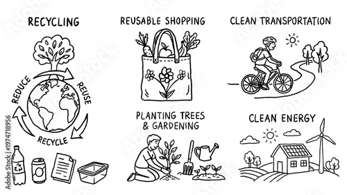 Fotografie Hand drawn eco friendly lifestyle and Earth Day concepts illustration featuring
