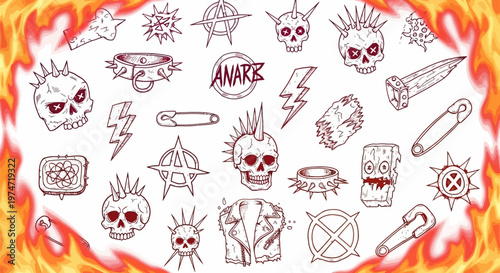 Punk rock doodle icons set, hand drawn anarchy symbols and mohawk skulls, edgy underground subculture vector elements with fire border