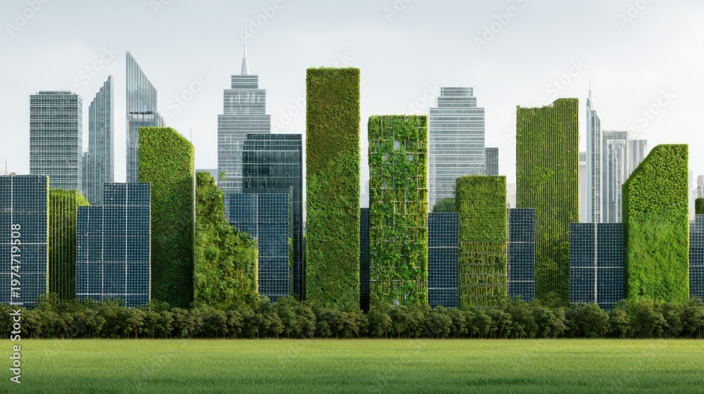 Obraz premium Urban Landscape with Vertical Gardens and Solar Panels Surrounded by Lush Greenery and Modern Skyscrapers in the City