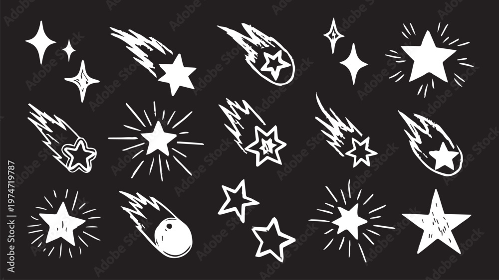 Fototapeta premium Whimsical sparkle stars doodle set. Shiny and glitter line elements in hand drawn crayon sketch style. Scribble outline vector