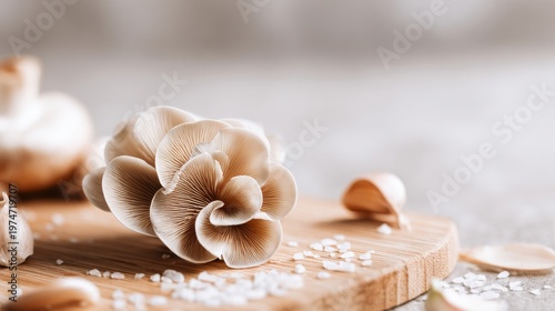 Delicate Mushroom Display on Wooden Board with Sea Salt Crystals in Beautiful Natural Light Setting for Culinary Inspiration