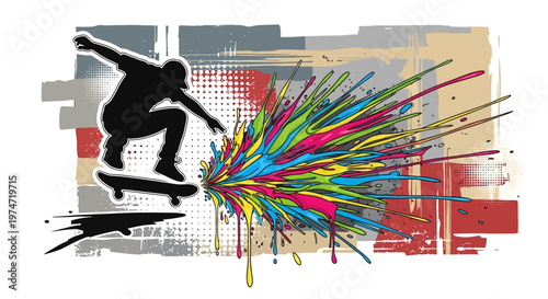 Street art inspired skateboarding scene with bold color explosion. Modern and eye-catching design
