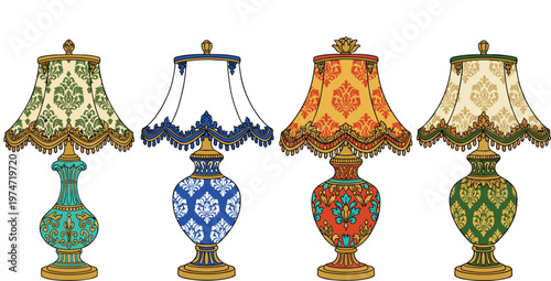 Collection of luxury vintage table lamps with ornate damask patterns and classic ceramic bases for elegant interior home decor vector.