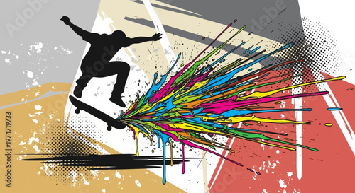Skater performing trick with abstract paint burst effect. Energetic and modern vector illustration