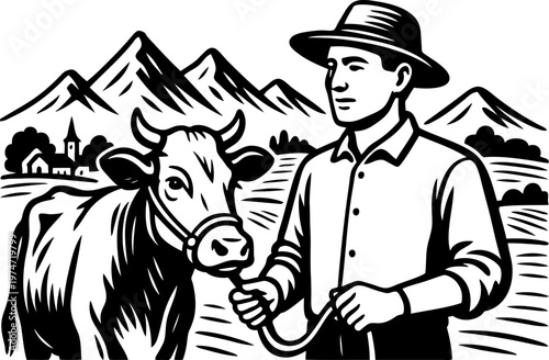 Farmer Leads Dairy Cow Through an Open Mountain Pasture Near a Small European Village, Depicting Traditional Rural Agricultural Life During the Day
