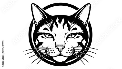 Monochromatic Cat Face Emblem with Intense Gaze, Circular Frame