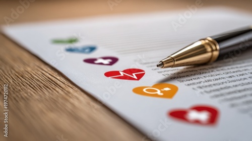 Document with health symbols and a pen, representing medical care, wellness, and healthcare decisions for individuals