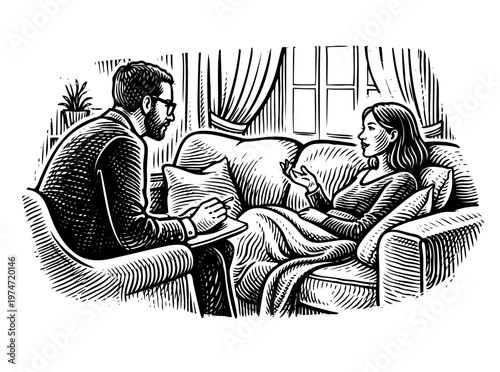 Patient Talks Openly During a Mental Health Therapy Session With a Male Psychotherapist Taking Notes in a Professional Office Setting, Focusing on Emotional Well-Being and Personal Growth