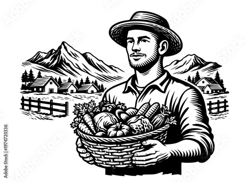 Farmer Proudly Presents a Fresh, Bountiful Harvest of Healthy Vegetables in a Woven Basket on a Rustic Mountain Farm With Houses and Trees in the Background During Daylight