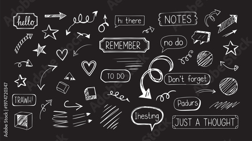 Handdrawn doodle elements featuring arrows, hearts, stars, and clouds, creating a playful and whimsical design