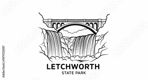 Black and white illustration of a bridge spanning over a waterfall and rocky cliffs