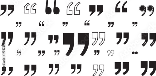 Quotation marks icon set, double quote symbol vector illustration, black quote icons in line and flat style, discussion and dialog remark signs, open and close quote symbols, vector