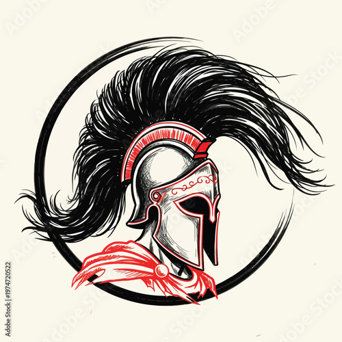 Spartan Warrior Helmet Illustration with Long Black Plume and Red Accents, Ancient Greek Gladiator Mascot Logo Design in Sketchy Style