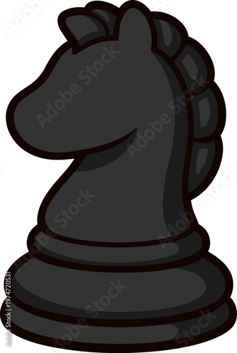 Black chess knight illustration in clean flat vector style isolated on white background. Classic board game piece representing strategy, tactics and intelligent moves, suitable for apps