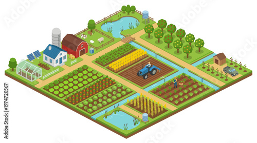 Isometric farm landscape illustration smart agriculture rural eco farming concept detailed vector style