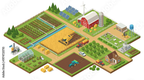Isometric farm landscape illustration smart agriculture rural eco farming concept detailed vector style
