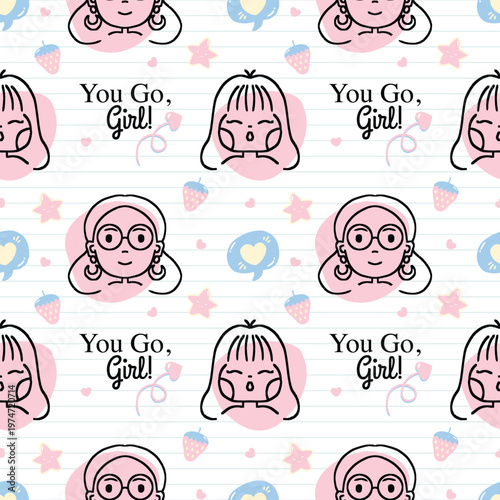 Linear flat girl faces seamless pattern