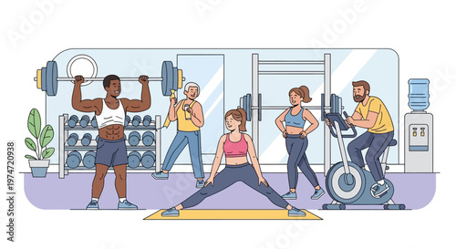 Modern Lineart Diverse People Exercising at Gym For Healthy Lifestyle Concept