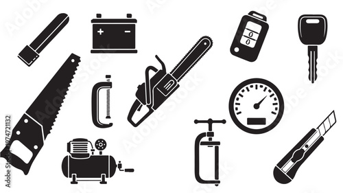 Industrial hardware tool icons, black silhouette construction equipment set, professional workshop hand tools and power machinery vector collection