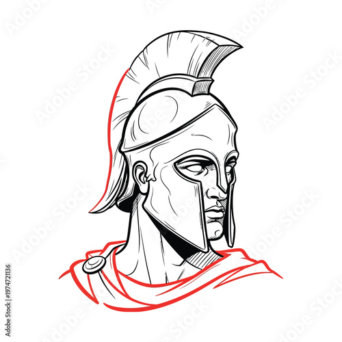 Spartan Warrior Head Portrait with Corinthian Helmet, Ancient Greek Soldier Line Art Illustration, Gladiator Mascot Logo Design