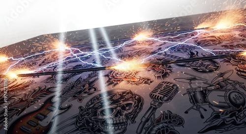 Rock music tattoo art background with electric lightning, heavy metal skull and guitar illustrations, cinematic energy sparks and glowing light effects