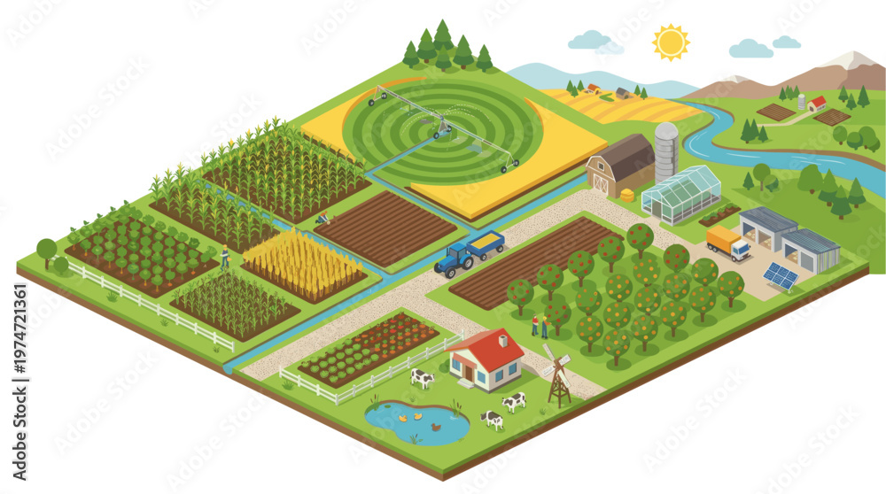 Fototapeta premium Isometric farm landscape illustration smart agriculture rural eco farming concept detailed vector style