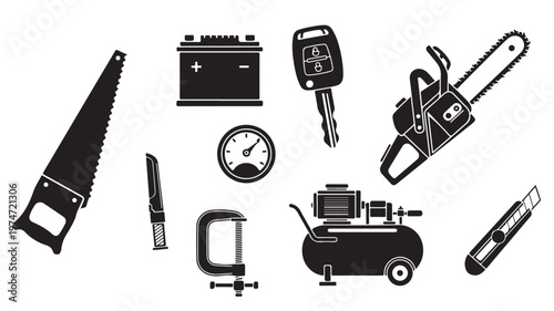 Industrial hardware and power tools vector set, black silhouette icons of chainsaw and air compressor, workshop equipment and car battery collection