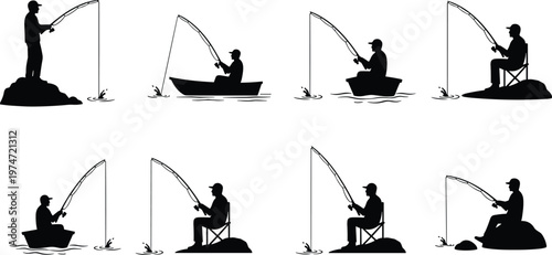 Fishing silhouette set, angler catching fish from boat and shore black vector collection isolated on white background illustration
