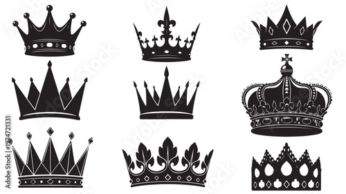 Royal crown silhouette collection, 9 black imperial crown vector icons, elegant monarch headwear set for luxury branding and heraldry design