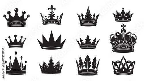 Vintage royal crown silhouettes, set of 12 black heraldic crowns, elegant monarch headwear icons for luxury branding and logo design