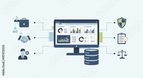Business data analytics and digital security concept with computer and icons.