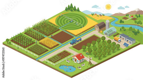 Isometric farm landscape illustration smart agriculture rural eco farming concept detailed vector style