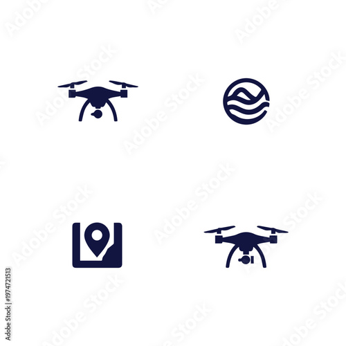 Modern Drone Technology and Navigation Icons for Aerial Photography and Mapping Solutions
