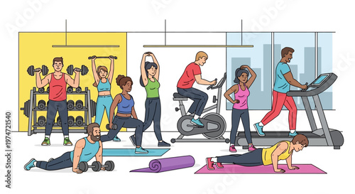 Line Art Various People Doing Workout and Exercise at the Gym