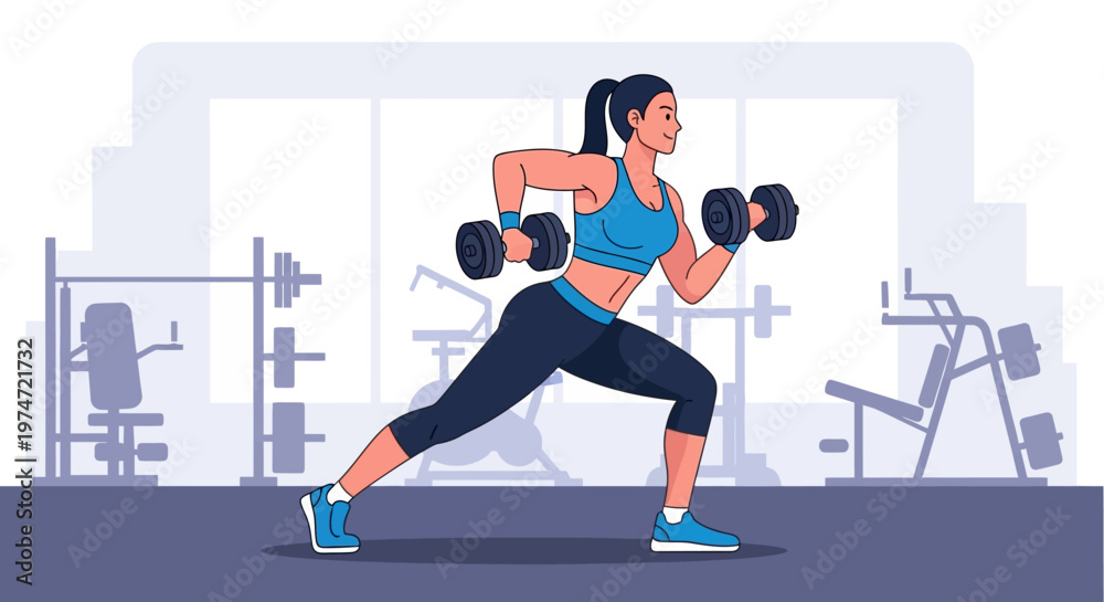 Fototapeta premium Flat Illustration Woman Doing Dumbbell Rows Exercise in Gym Interior