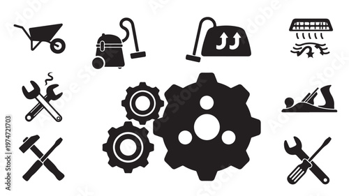 Industrial hardware tool icons set, black mechanical gear and wrench symbols, construction equipment vector elements for repair service