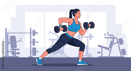 Flat Illustration Woman Doing Dumbbell Rows Exercise in Gym Interior