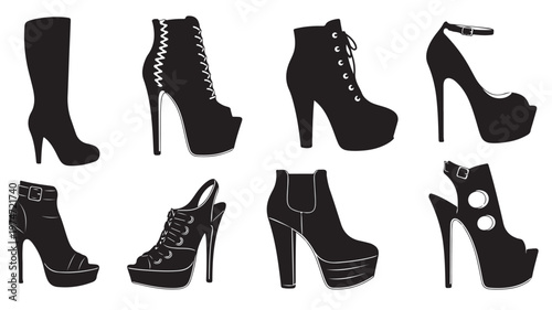 Fashionable women shoes silhouettes, set of 8 high heel boots and platform sandals, black footwear icons for retail and apparel design