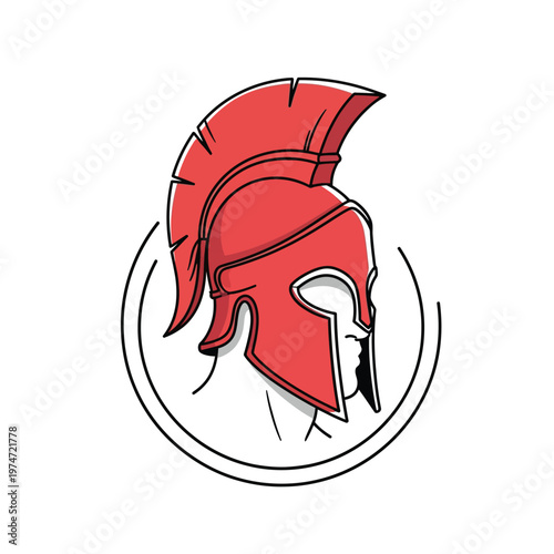 Spartan Warrior Helmet Logo with Red Crest, Ancient Greek Gladiator Mascot Illustration for Sports and Branding