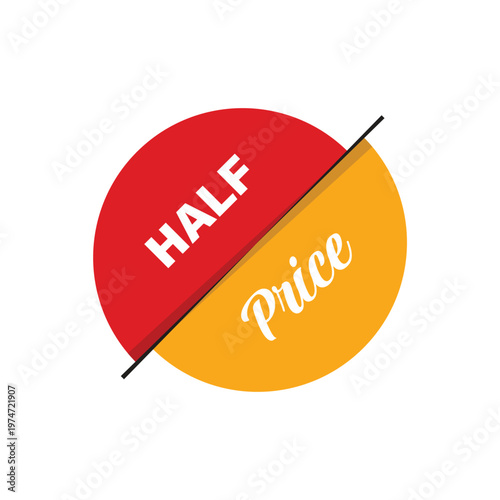 Flat design half price promotion label sticker in red and orange for business marketing retail