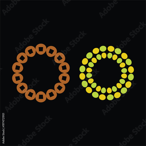 Concentric geometric patterns composed of circles and dots on a black background Vector

