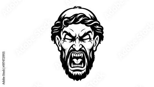 Furious Man Face with Bared Teeth, Angry Expression, Aggressive Emotion, Black and White Vector Art